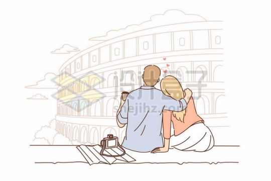 在罗马旅游的情侣偎依在一起情侣背影手绘线条插画4749508矢量图片免抠素材