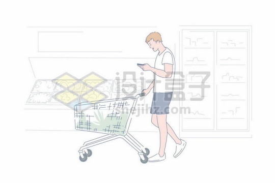 超市里推着购物车的年轻人边看手机手绘插画1079702矢量图片免抠素材