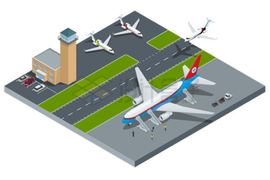 2.5D风格飞机场停机坪上的卡通客机和导航塔8446332矢量图片免抠素材