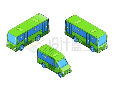 2.5D风格2个不同角度的绿色公交车和面包车7270515矢量图片免抠素材