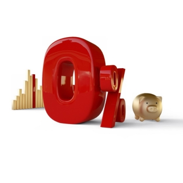 3D立体金色柱形图小猪储蓄罐和红色0%百分比金融经济374324png图片素材