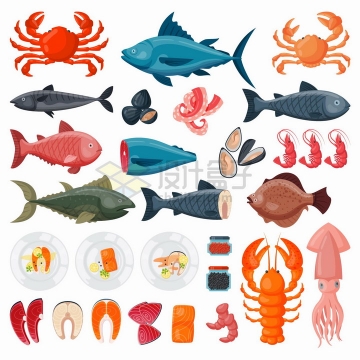 各种卡通螃蟹三文鱼大龙虾乌贼等海鲜美味美食png图片免抠矢量素材