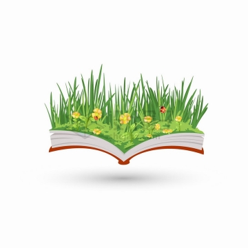 翻开书本上的青草丛和点缀的黄色小花以及一只瓢虫png图片免抠矢量素材