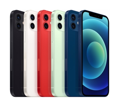 黑白红绿蓝色五种颜色的苹果iPhone 12手机png透明背景免抠图片素材700465