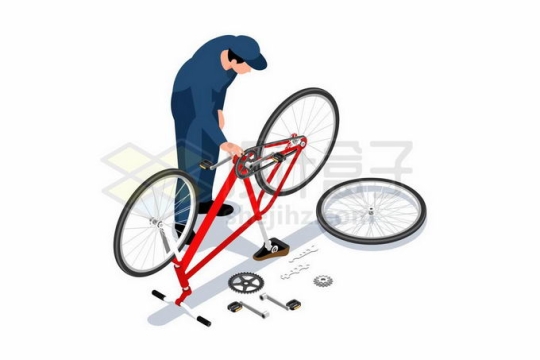 维修工人正在维修自行车已经拆成一堆零件9300556矢量图片免抠素材