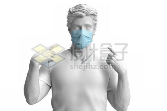 3D立体风格戴着蓝色口罩的灰色人体石膏雕像5839407PSD图片免抠素材