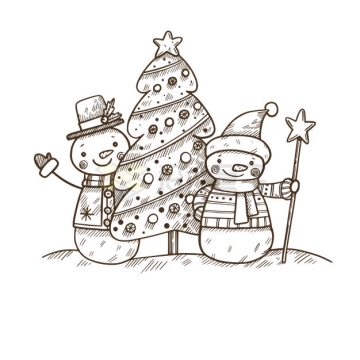 圣诞节圣诞树雪人手绘线条插画1434854矢量图片免抠素材