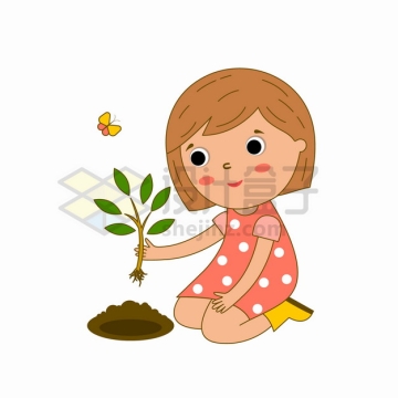 卡通小女孩正在种小树苗植树节儿童插画png图片素材