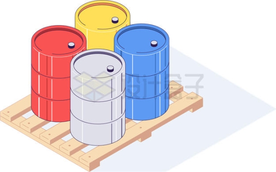 木制托盘上的4个彩色油桶铁桶1602117矢量图片免抠素材