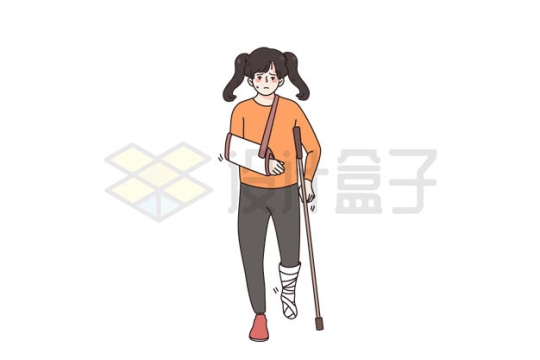 受伤的卡通女孩拄着拐杖插画6052135矢量图片免抠素材