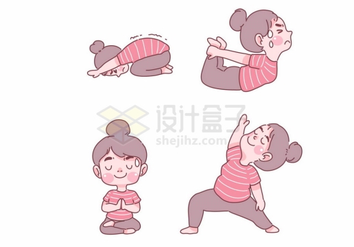 4款正在挥汗如雨健身锻炼身体瑜伽拉伸动作的卡通女孩手绘插画6405772矢量图片免抠素材