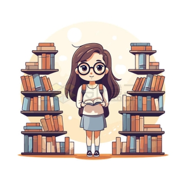 戴眼镜的卡通女学生在图书馆看书8968746矢量图片免抠素材