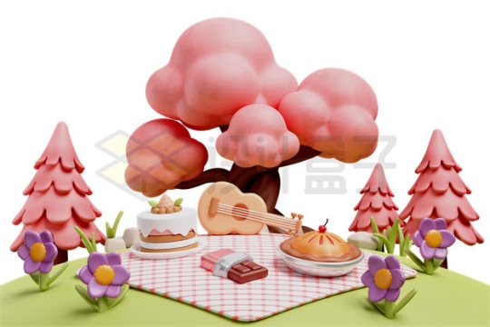 卡通粉色大树下面的草地和野餐餐布3D模型3467170PSD免抠图片素材