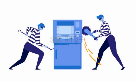 扁平漫画风格正在撬保险柜银行ATM取款机的犯罪分子png图片免抠矢量素材
