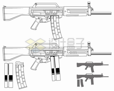 黑色线条自动步枪使用两种弹匣png图片免抠矢量素材