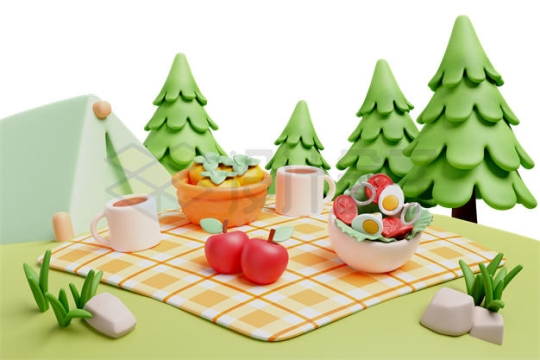 卡通森林大树下面的草地露营帐篷和野餐餐布3D模型4416360PSD免抠图片素材