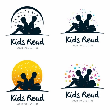 4款背靠背正在读书阅读的孩子剪影logo设计方案png图片免抠矢量素材