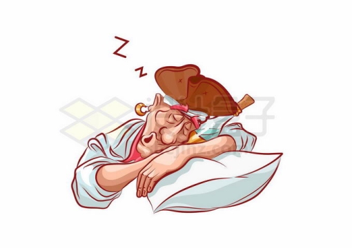 抱着朗姆酒酒瓶的卡通海盗趴在枕头上呼呼大睡觉插画6353858矢量图片免抠素材
