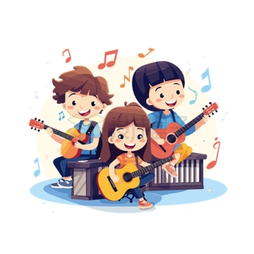 三个卡通男孩女孩正在弹吉他唱歌儿童乐队2439816矢量图片免抠素材