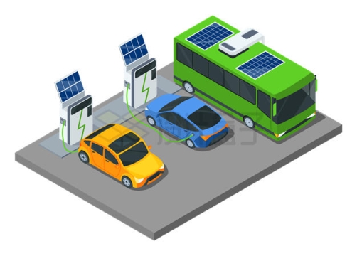 2.5D风格在充电站充电的小轿车和公交车5200764矢量图片免抠素材
