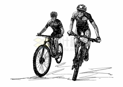 2个骑手正在骑自行车正面手绘线条素描速写插画7872616矢量图片免抠素材