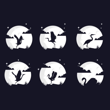 6款灰白色月亮背景和各种仙鹤天鹅优雅的鸟儿剪影logo设计方案png图片免抠矢量素材