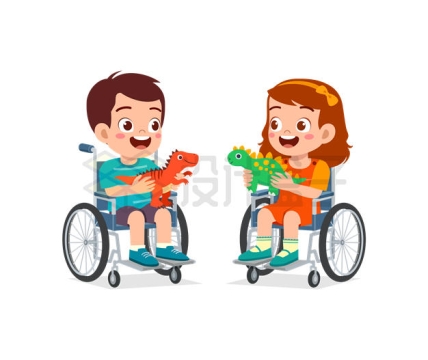 两个坐轮椅的卡通残疾小朋友拿着玩具8785485矢量图片免抠素材