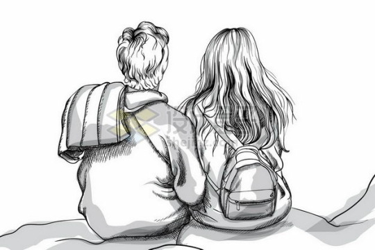 坐在一起的男孩女孩情侣背影情人节铅笔手绘插画2720733png图片免抠素材