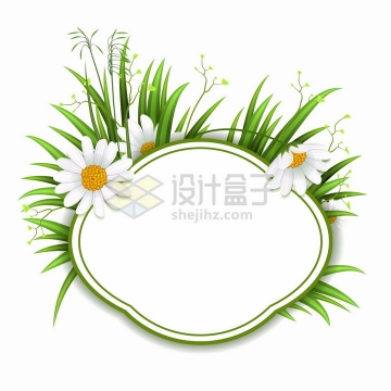 翠绿色狗尾巴草丛中盛开的白色雏菊花朵装饰的文本框标题框png图片免抠矢量素材