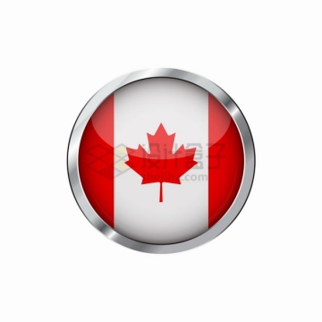 银色金属光泽边框加拿大国旗图案圆形按钮png图片素材
