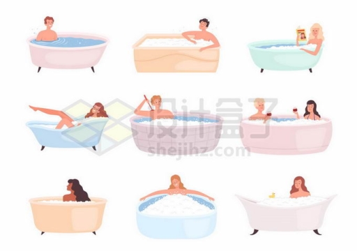 9个卡通男女在浴缸中泡澡洗澡放松时光1075324矢量图片免抠素材