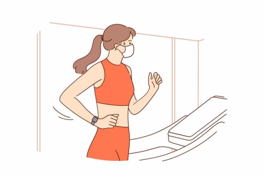 戴着口罩在跑步机上锻炼身体的女人插画8821177图片免抠素材