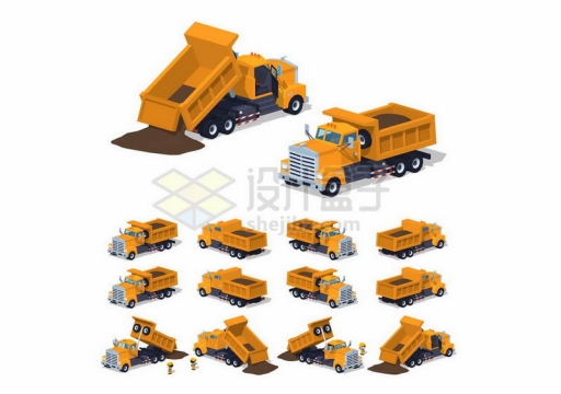 12种不同角度的装满矿石沙土的黄色砂土车矿车自卸卡车1101844矢量图片免抠素材