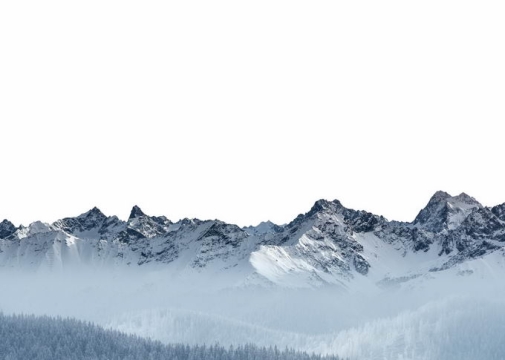近处被大雪覆盖的针叶林森林和远处的大雪山高大山脉5260210png免抠图片素材