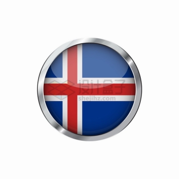 银色金属光泽边框冰岛国旗图案圆形按钮png图片素材