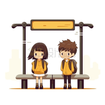 公交站台上等公交车的卡通男孩女孩5586926矢量图片免抠素材