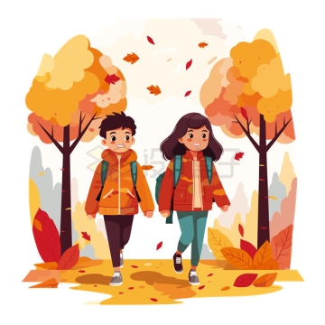 秋天落叶下在林间小道走路的卡通男孩女孩8781326矢量图片免抠素材