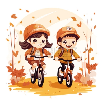 秋天里骑自行车的卡通男孩女孩5752050矢量图片免抠素材