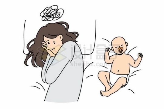 卡通妈妈照看宝宝很累产后抑郁症插画1579303矢量图片免抠素材