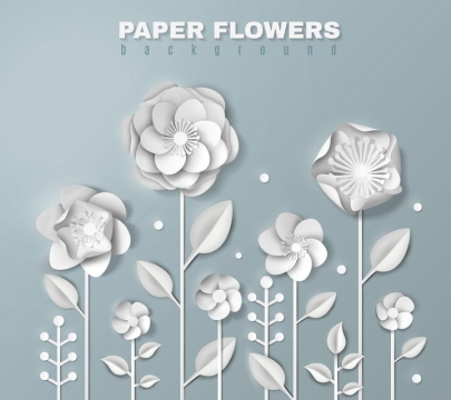  White paper-cut style 3D flowers, stems and leaves growing on the branches