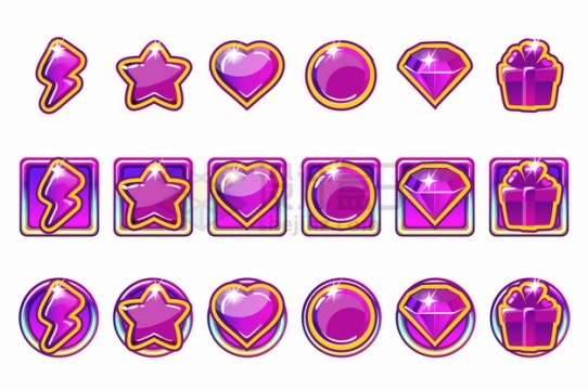 紫色闪电五角星心形圆形水晶钻石游戏宝石按钮png图片素材
