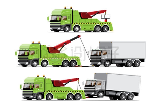 绿色救援车拖车将一辆故障厢式货车拖上来全过程3996410矢量图片免抠素材