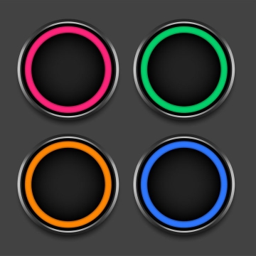 4款漂亮的彩色发光圆环黑色按钮图片免抠矢量素材