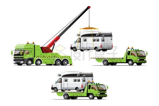 绿色起重机救援车拖车将一辆故障房车拖上来全过程9349165矢量图片免抠素材