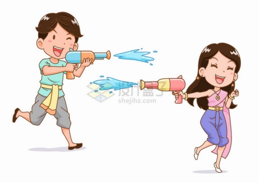 泼水节玩水枪的卡通傣族姑娘小伙少数民族png图片免抠矢量素材