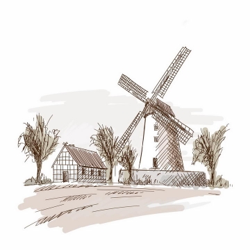 彩绘素描风格乡村农舍和大风车风景图png图片免抠矢量素材