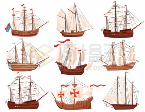 9款不同造型的复古风帆战舰战列舰武装舰船2538694矢量图片免抠素材免费下载