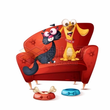 红色沙发上的卡通猫咪和狗狗9243843矢量图片免抠素材