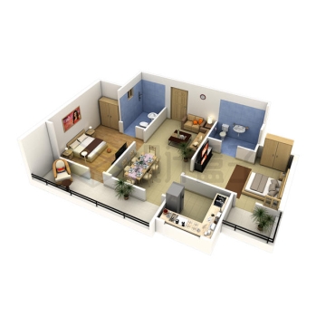 两室两厅装修效果图3D模型4545398PSD免抠图片素材