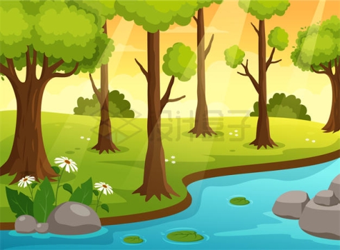 卡通森林中的小溪风景插画5167605矢量图片免抠素材